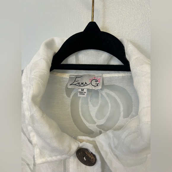 Emma G Lagenlook Duster Sz Medium White Sheer‎ Floral Linen Topper Coverup Tunic - Picture 3 of 6